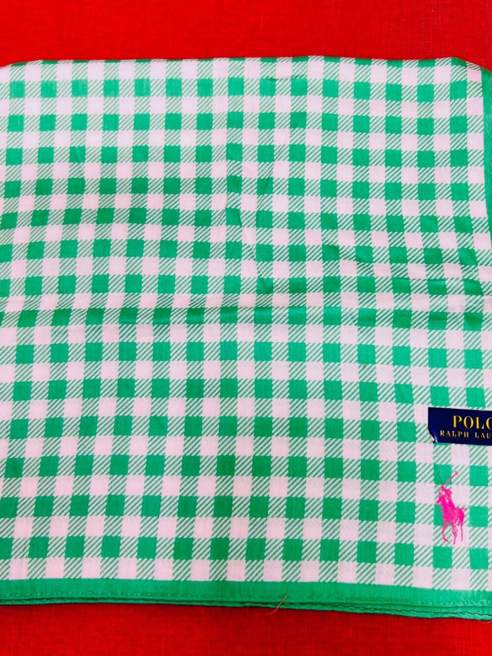 New Polo Ralp Raurent Mini Scarf/Handkerchief  cotton 20"  Green wihte check(89 - Picture 11 of 12